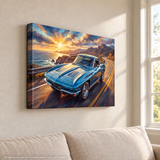 Corvette C2 Canvas Wall Art, Blue Classic Sports Car Pacific Coast Highway