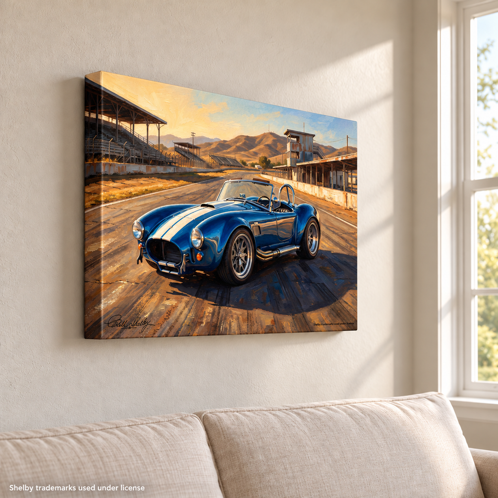 Carroll Shelby Blue Cobra 427 Open-Top Roadster Racetrack Canvas Wall Art