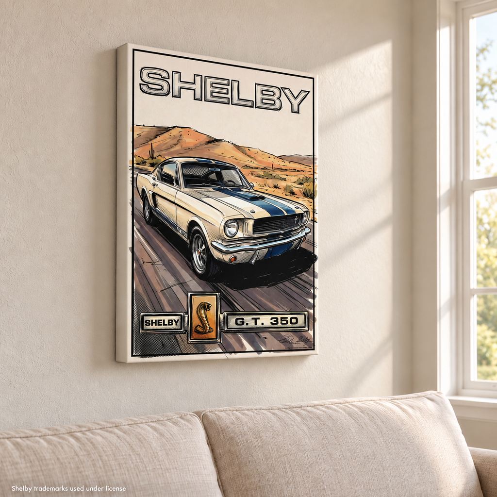 Carroll Shelby White GT350 Sports Coupe Comic Illustration Cobra Snake GT350 Badge Canvas Wall Art