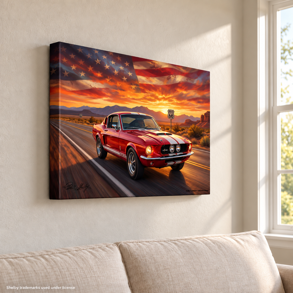 Carroll Shelby Red GT500 Sports Coupe Desert Highway American Flag Landscape Canvas Wall Art