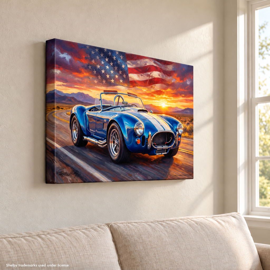 Carroll Shelby Blue Cobra 427 Open-Top Roadster Desert Highway Sunset American Flag Canvas Wall Art