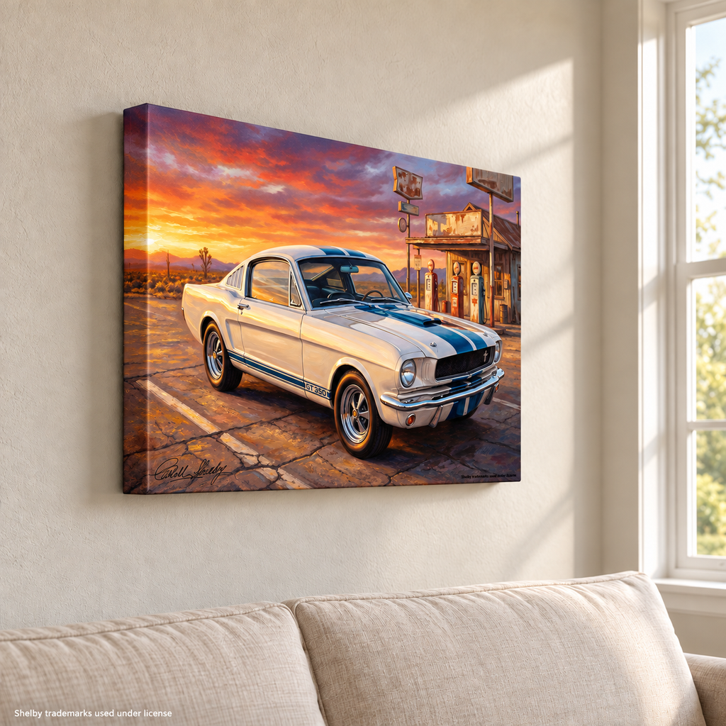 Carroll Shelby White GT350 Sports Coupe Front View Vintage Gas Station Canvas Wall Art
