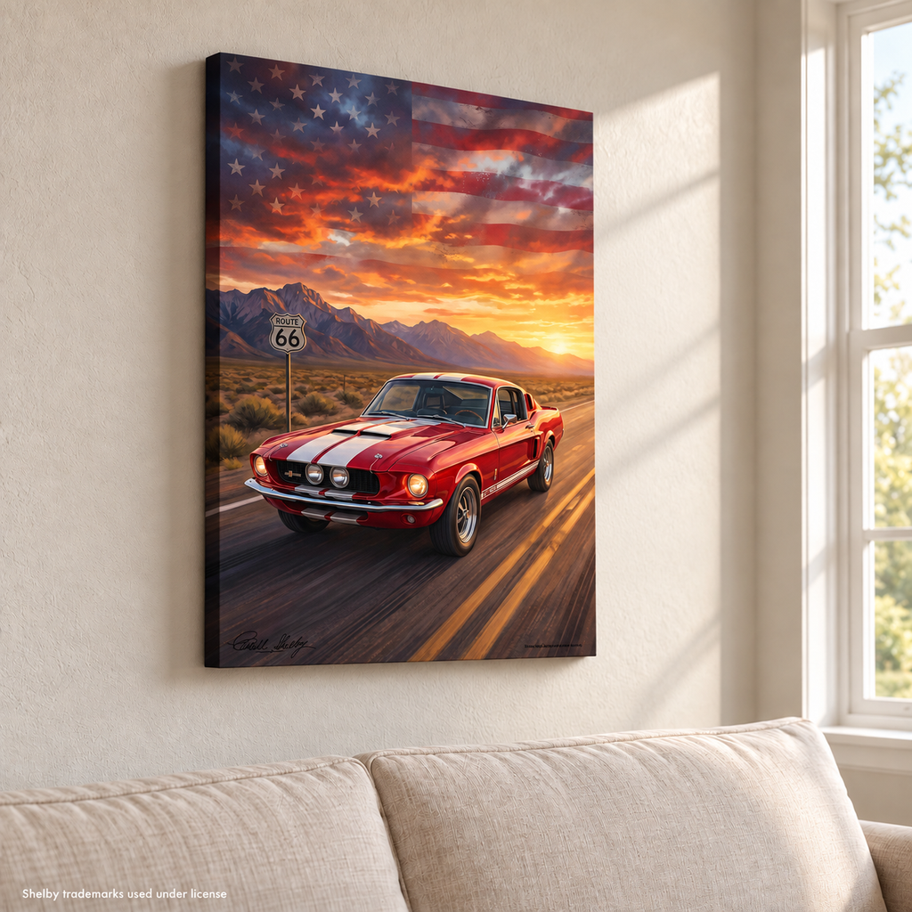 Carroll Shelby Red GT500 Sports Coupe Front View Sunset Highway Portrait Canvas Wall Art