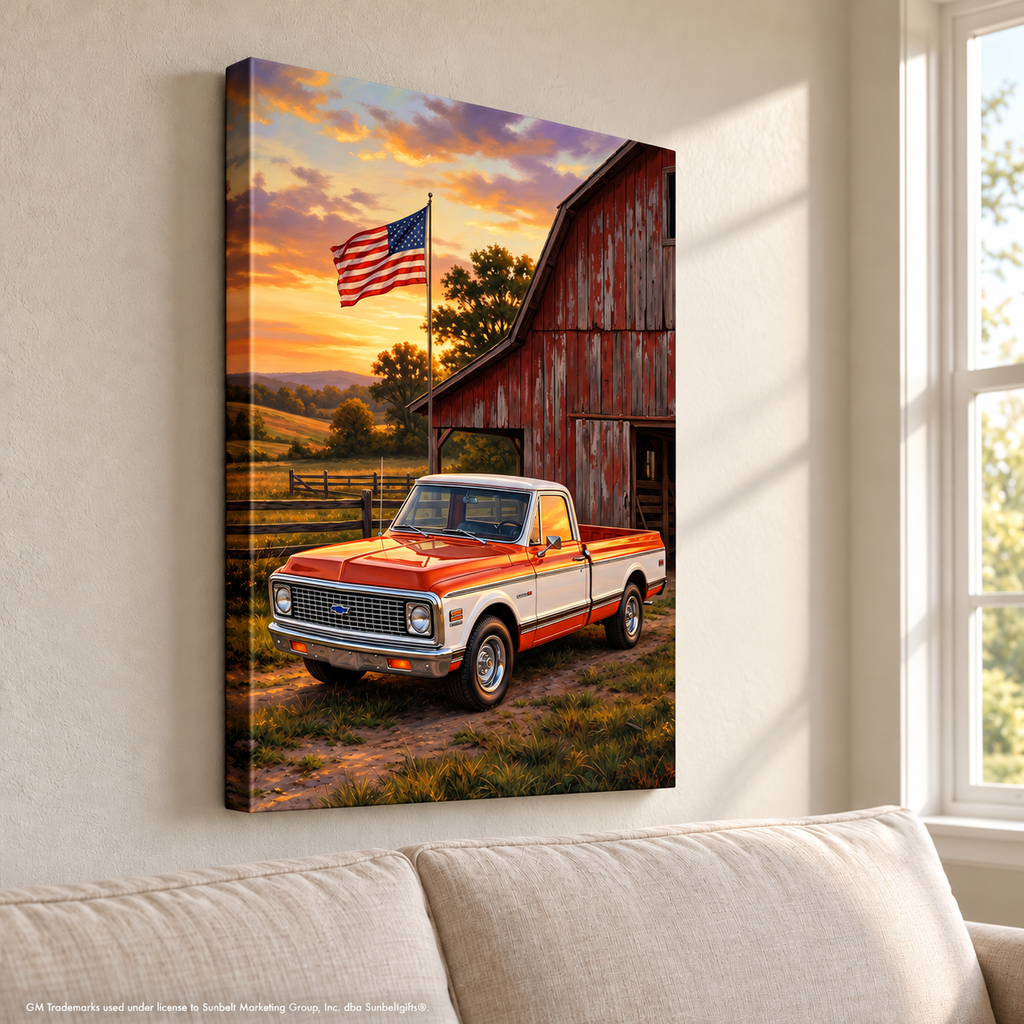 Chevy C10 Orange and White Barn with US Flag Canvas Wall Art