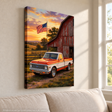 Chevy C10 Orange and White Barn with US Flag Canvas Wall Art