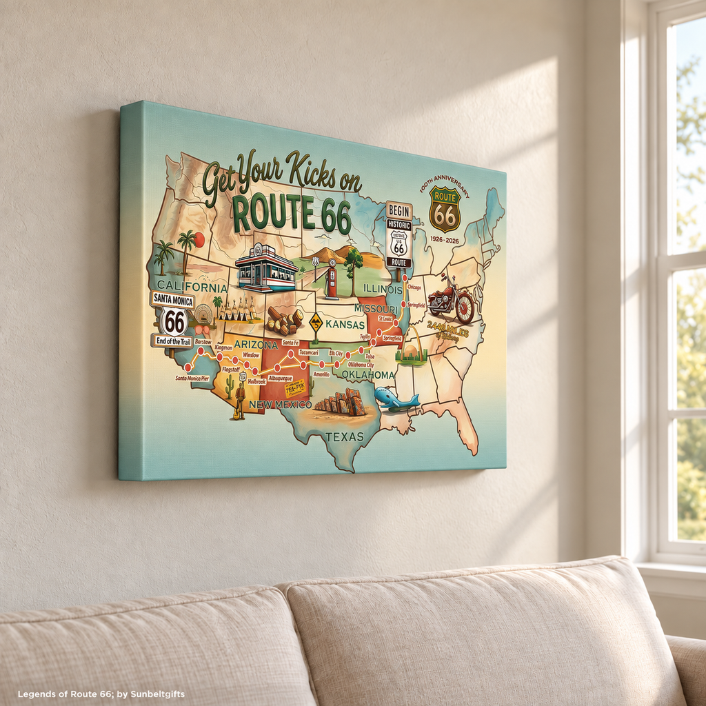 Legends of Route 66 Vintage Teal & Beige USA Map Historic Road Trip Canvas Wall Art