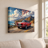Carroll Shelby Red GT500 Sports Coupe Coastal Highway American Flag Canvas Wall Art