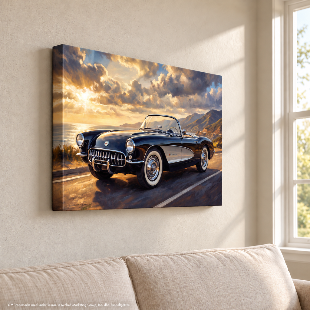 Corvette C1 Canvas Wall Art, Black Classic Sports Car Pacific Coast Highway