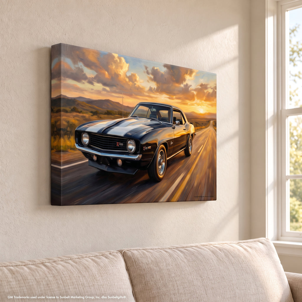 Camaro Z28 Black and White Desert Highway Canvas Wall Art
