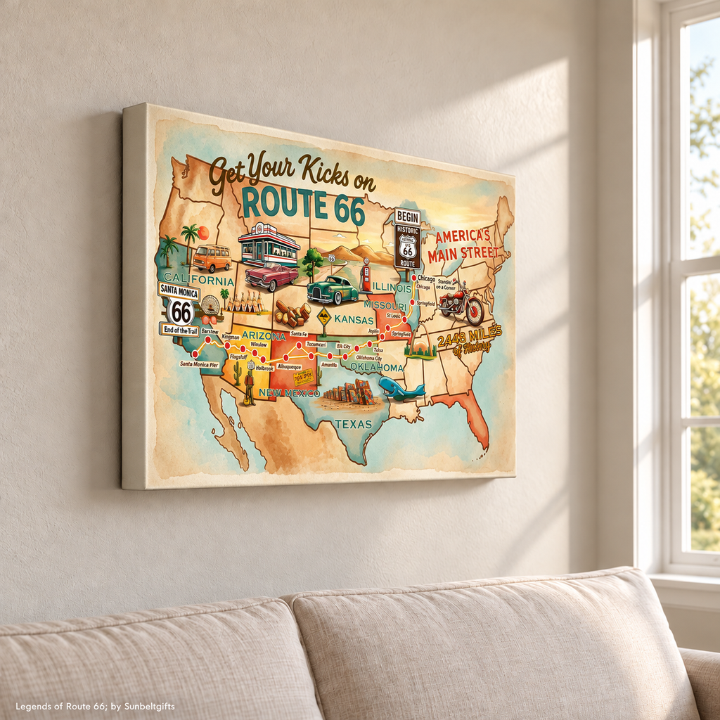 Legends of Route 66 Vintage Tan & Teal USA Map Get Your Kicks Road Trip Canvas Wall Art