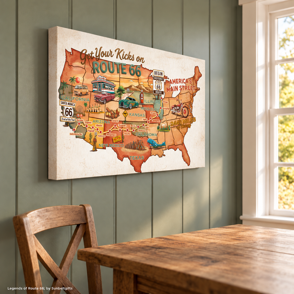 Legends of Route 66 Vintage Burnt Orange USA Map America's Main Street Canvas Wall Art