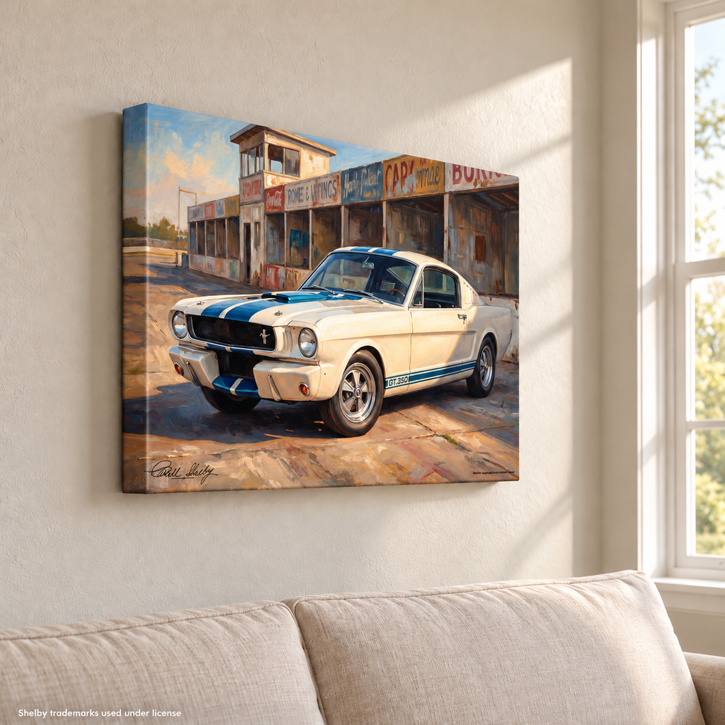 Carroll Shelby White GT350 Sports Coupe Racing Booth Canvas Wall Art