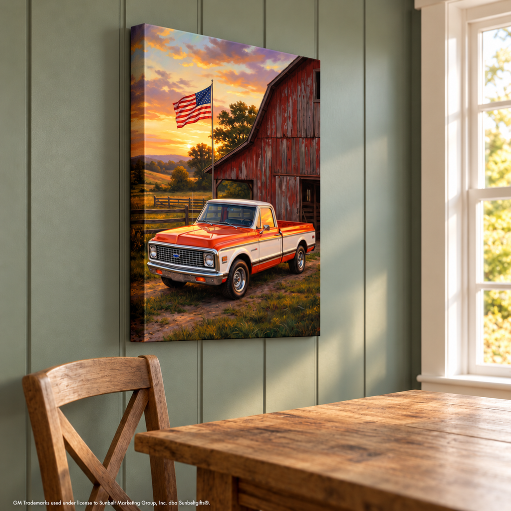 Chevy C10 Orange and White Barn with US Flag Canvas Wall Art