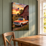 Chevy C10 Orange and White Barn with US Flag Canvas Wall Art