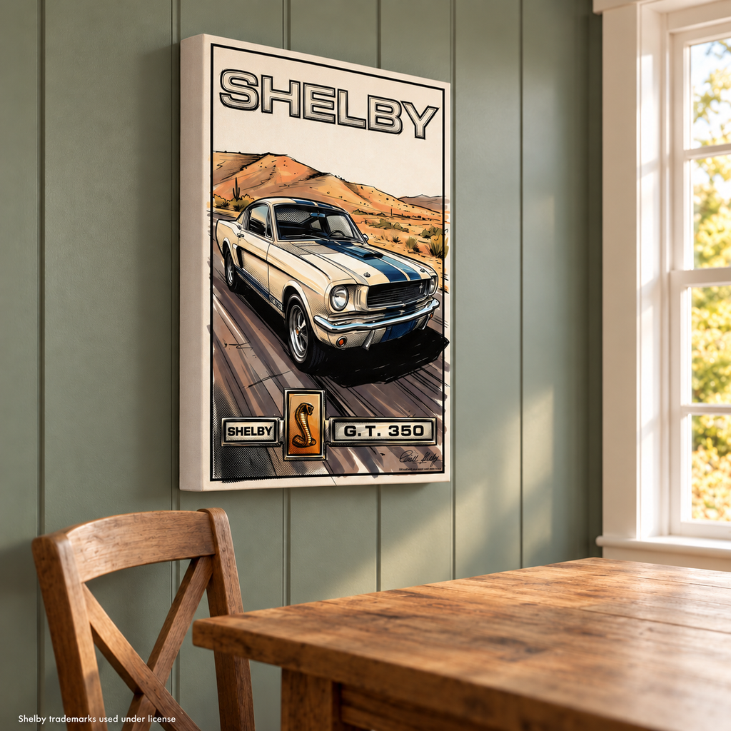 Carroll Shelby White GT350 Sports Coupe Comic Illustration Cobra Snake GT350 Badge Canvas Wall Art