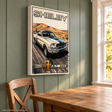 Carroll Shelby White GT350 Sports Coupe Comic Illustration Cobra Snake GT350 Badge Canvas Wall Art