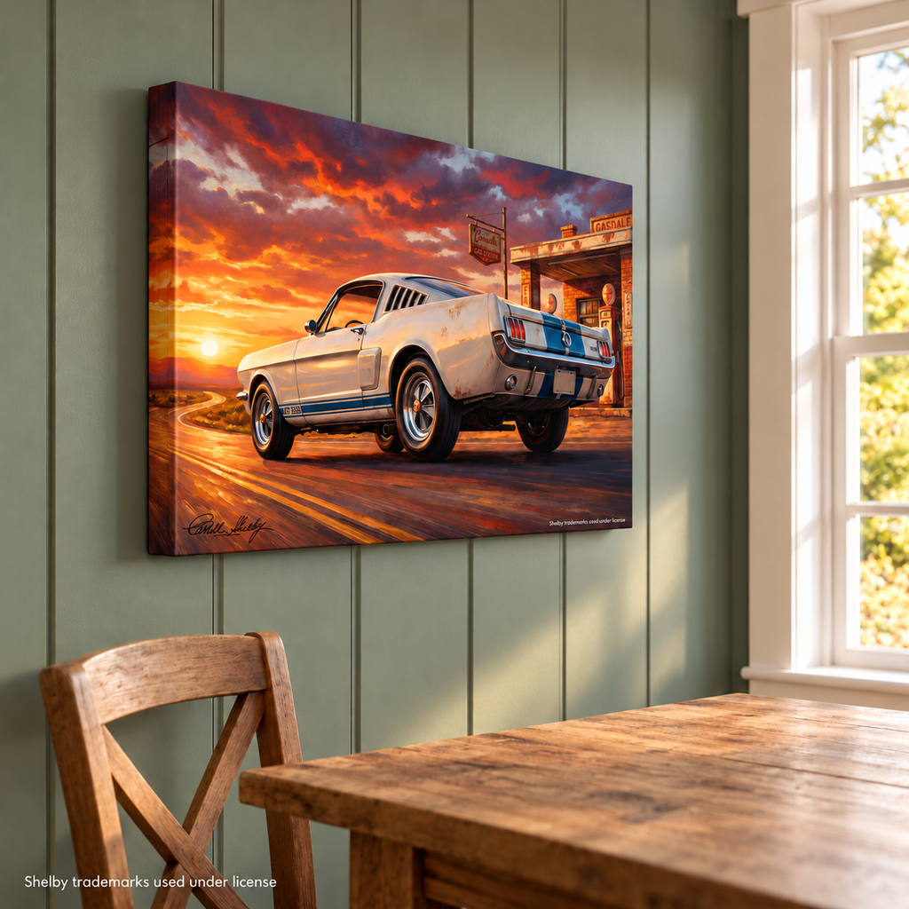 Carroll Shelby White GT350 Sports Coupe Rearview Distressed Sunset Gas Station Canvas Wall Art