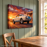 Carroll Shelby White GT350 Sports Coupe Rearview Distressed Sunset Gas Station Canvas Wall Art