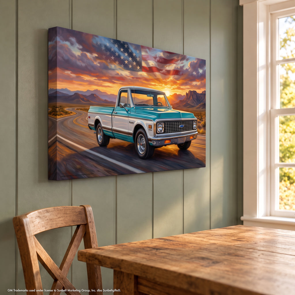 Chevy C10 Blue and White Americana Highway Canvas Wall Art