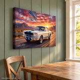 Carroll Shelby White GT350 Sports Coupe Sunset Desert Highway American Flag Canvas Wall Art