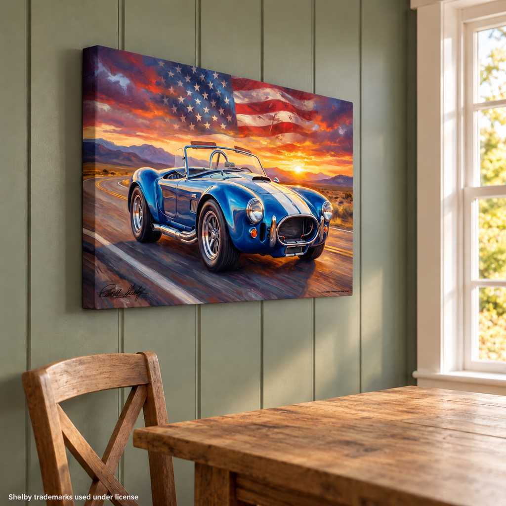 Carroll Shelby Blue Cobra 427 Open-Top Roadster Desert Highway Sunset American Flag Canvas Wall Art