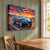 Carroll Shelby Blue Cobra 427 Open-Top Roadster Desert Highway Sunset American Flag Canvas Wall Art