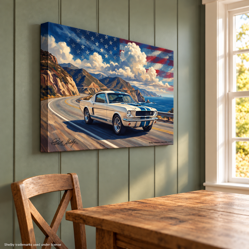 Carroll Shelby White GT350 Sports Coupe Coastal Highway American Flag Canvas Wall Art