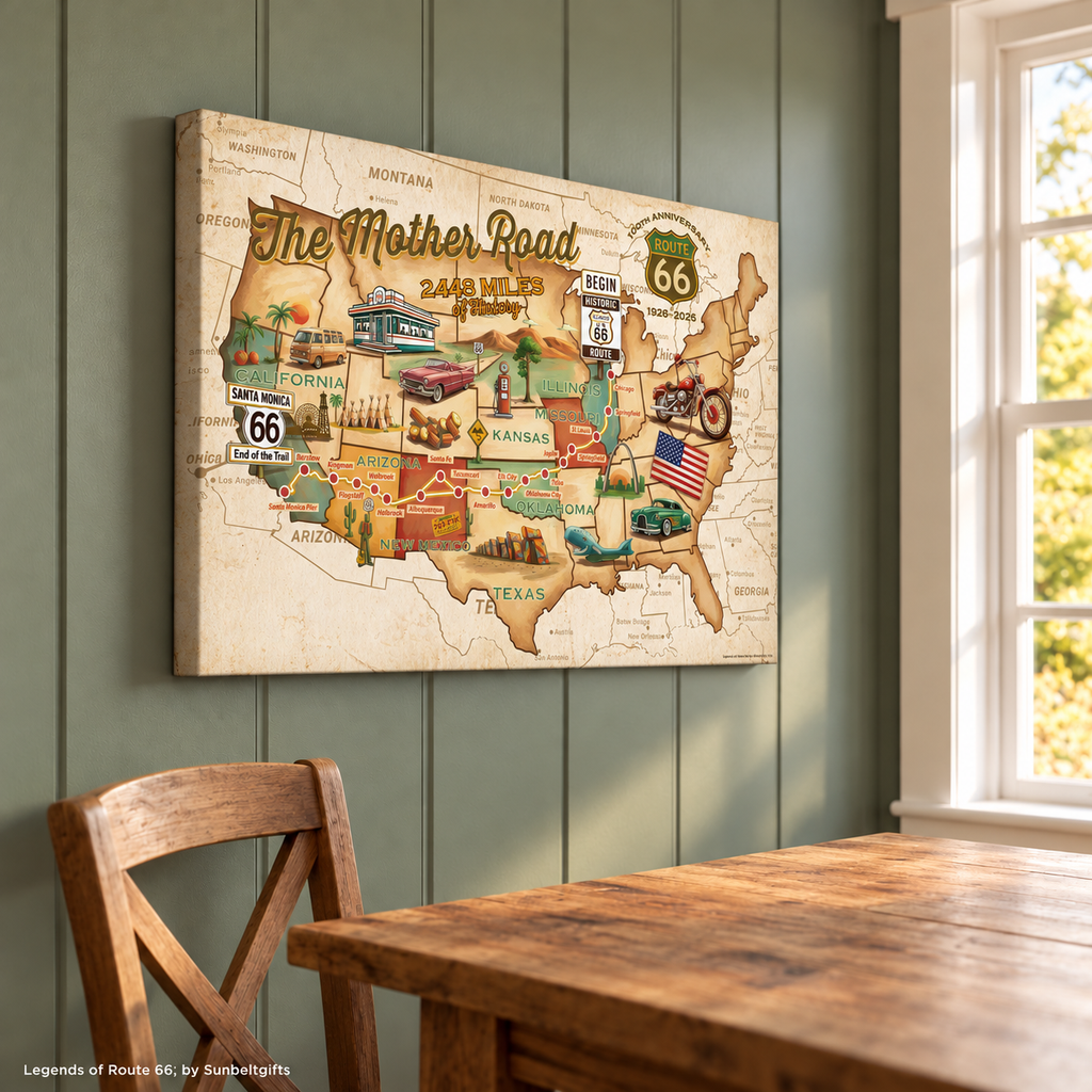 Legends of Route 66 Vintage Sepia USA Map The Mother Road Americana Canvas Wall Art
