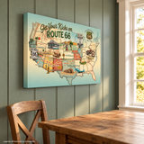 Legends of Route 66 Vintage Teal & Beige USA Map Historic Road Trip Canvas Wall Art