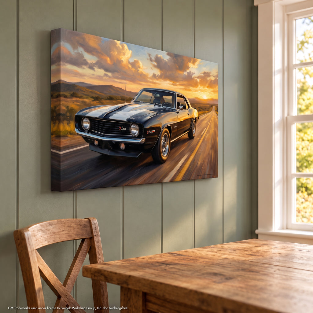Camaro Z28 Black and White Desert Highway Canvas Wall Art