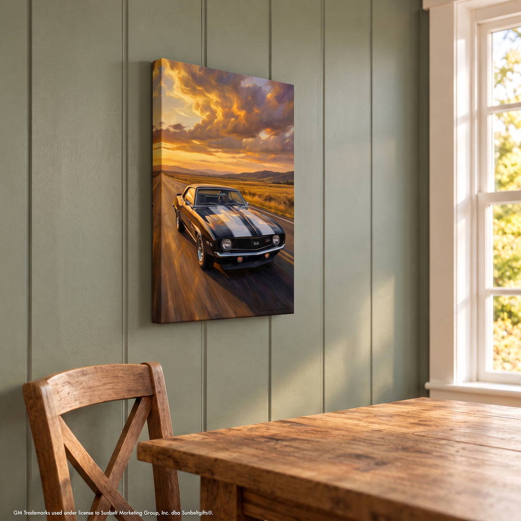 Camaro Z28 Black and White Highway Canvas Wall Art Portrait