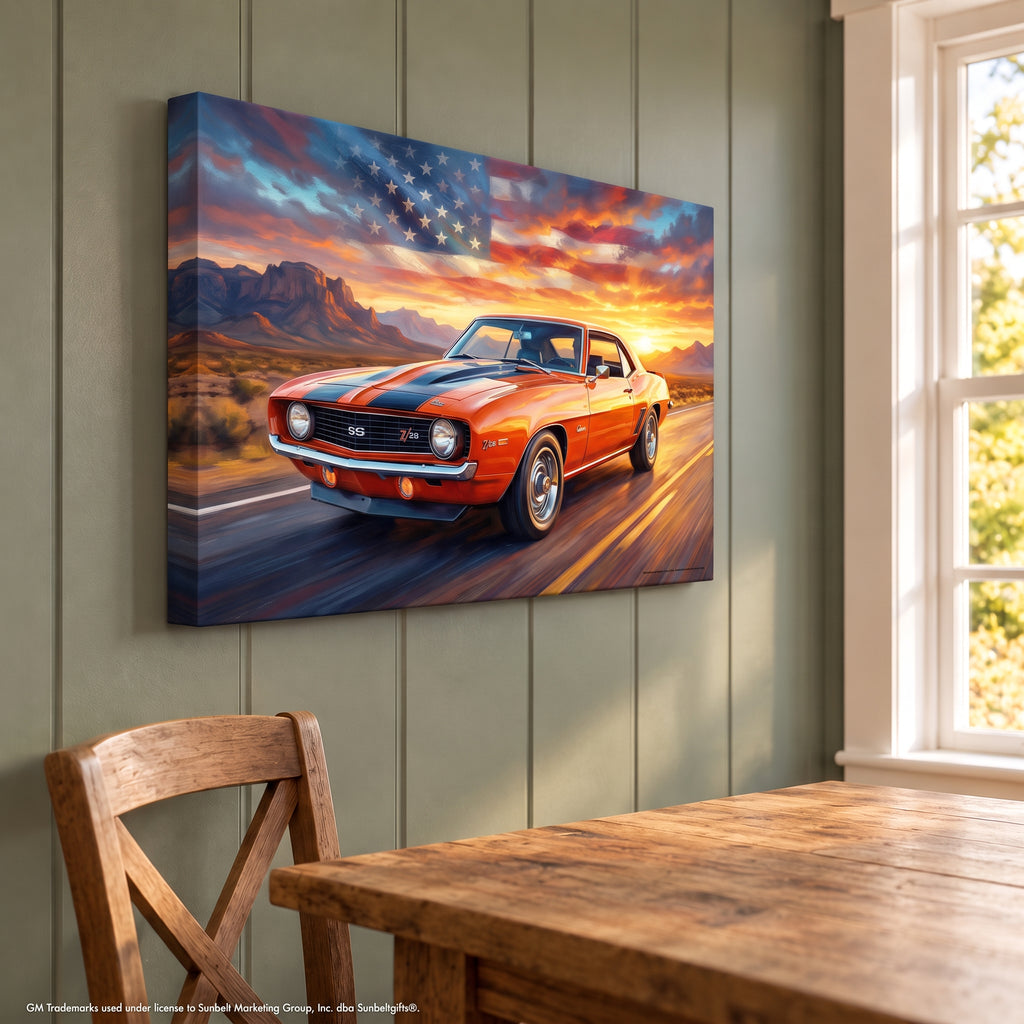 Camaro Z28 Orange and Black Americana Highway American Flag Canvas Wall Art