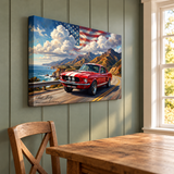 Carroll Shelby Red GT500 Sports Coupe Coastal Highway American Flag Canvas Wall Art