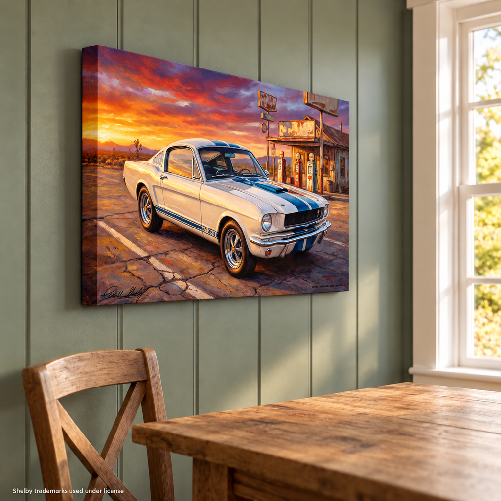 Carroll Shelby White GT350 Sports Coupe Front View Vintage Gas Station Canvas Wall Art
