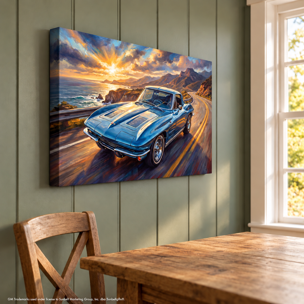 Corvette C2 Canvas Wall Art, Blue Classic Sports Car Pacific Coast Highway