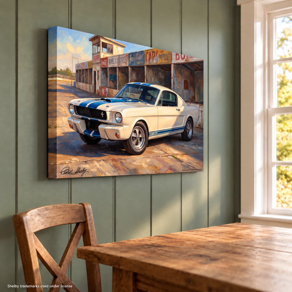 Carroll Shelby White GT350 Sports Coupe Racing Booth Canvas Wall Art