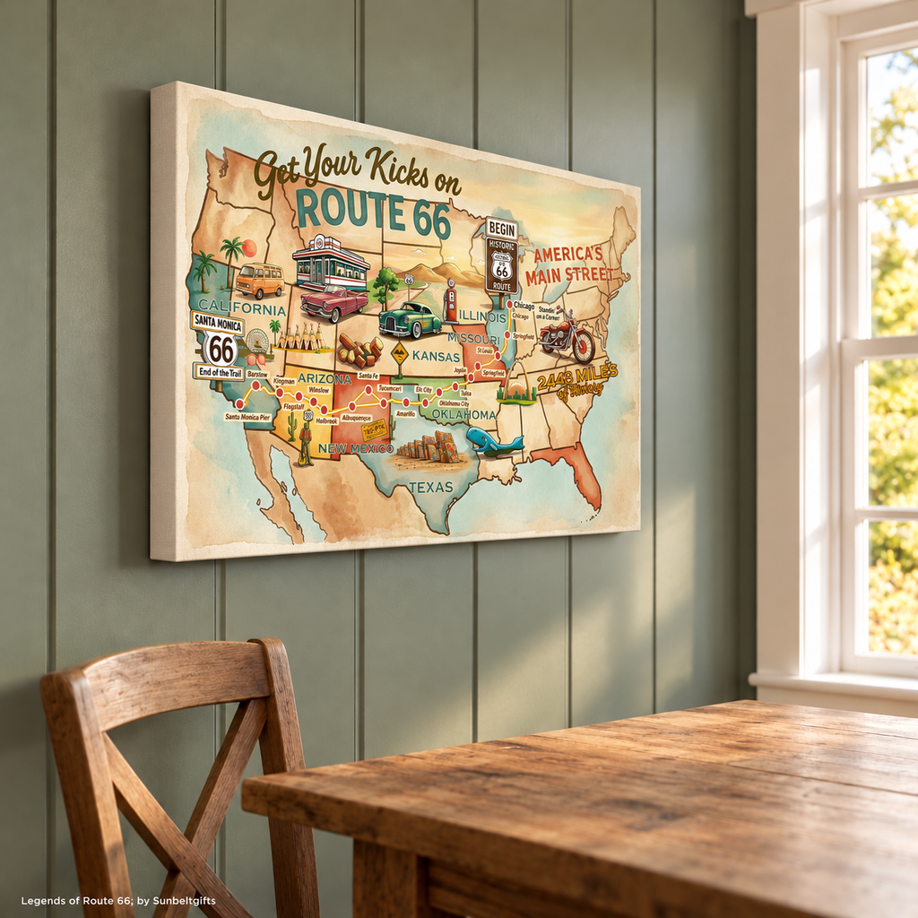 Legends of Route 66 Vintage Tan & Teal USA Map Get Your Kicks Road Trip Canvas Wall Art