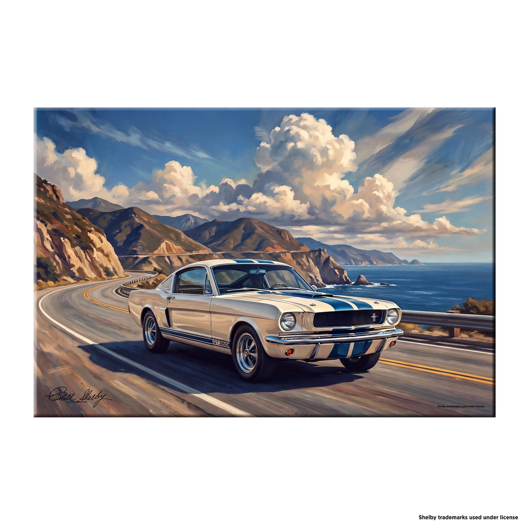 White Shelby GT350 Sports Coupe with blue racing stripes canvas wall art on Pacific Coast Highway with Big Sur cliffs and ocean backdrop