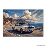 White Shelby GT350 Sports Coupe with blue racing stripes canvas wall art on Pacific Coast Highway with Big Sur cliffs and ocean backdrop