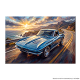 Deep blue Chevrolet Corvette C2 Sting Ray canvas wall art on coastal highway at golden sunset with Pacific ocean and mountain backdrop