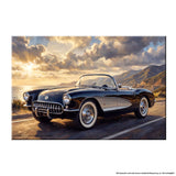 Black Chevrolet Corvette C1 open-top roadster canvas wall art displayed in home office on white wall above wooden desk at golden hour Pacific Coast Highway