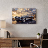 Black Corvette C1 Pacific Coast Highway canvas art print showing chrome grille white sidewall tires and dramatic golden sunburst cloudy sky over ocean