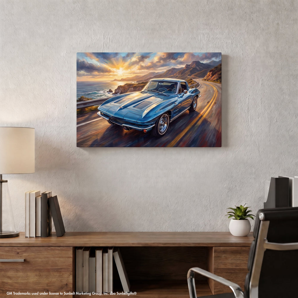 Blue Corvette C2 Sting Ray coastal highway canvas wall art displayed in home office on white wall above wooden desk at golden hour