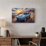 Blue Corvette C2 Sting Ray coastal highway canvas wall art displayed in home office on white wall above wooden desk at golden hour
