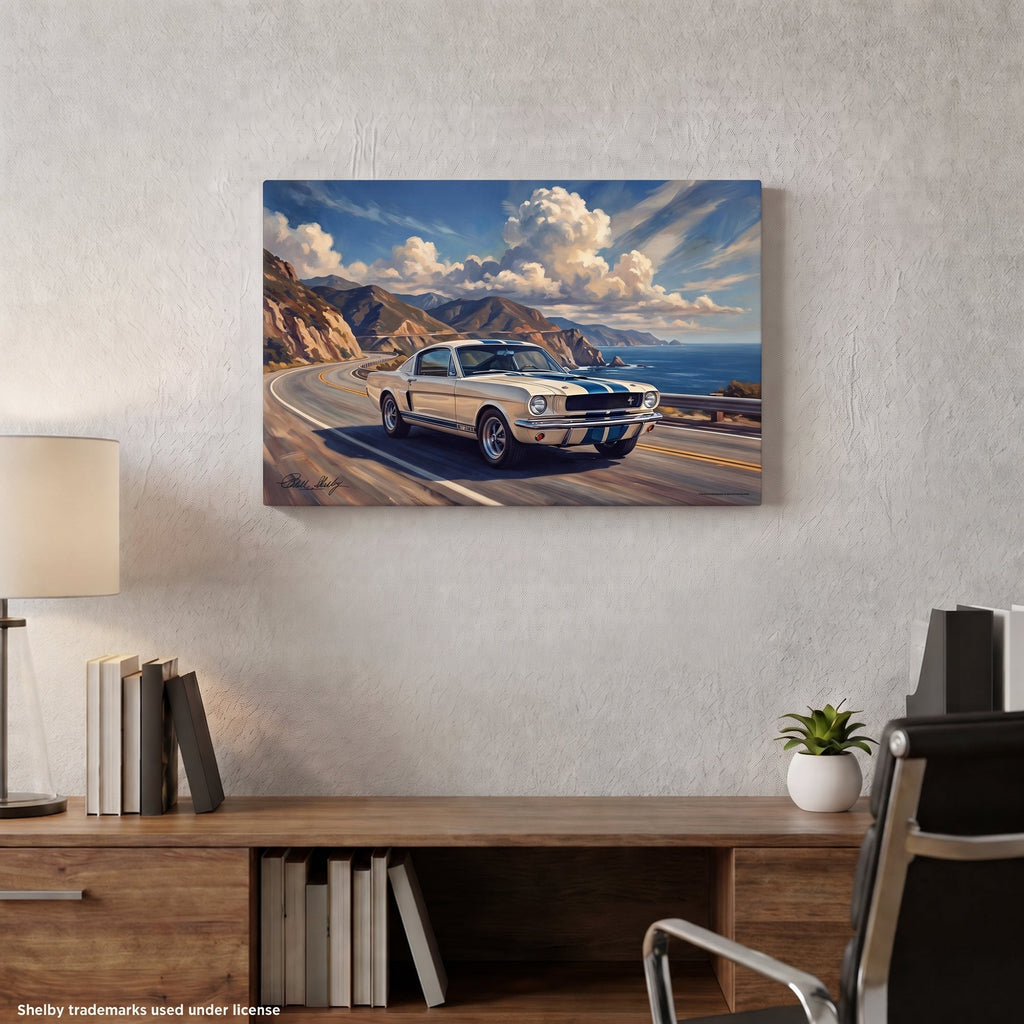 White Shelby GT350 Sports Coupe blue stripe canvas wall art displayed in home office on white wall above wooden desk