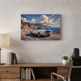 White Shelby GT350 Sports Coupe blue stripe canvas wall art displayed in home office on white wall above wooden desk