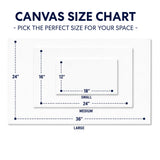 Canvas wall art size chart showing Small 12x18 Medium 16x24 and Large 24x36 inch options for Corvette C1 Pacific Coast Highway art