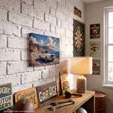 Shelby GT350 white blue stripes Pacific Coast Highway canvas wall art displayed in vintage garage man cave on white brick wall
