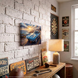 Chevrolet Corvette C2 Sting Ray blue canvas wall art displayed in vintage garage man cave setting on white brick wall with retro signs