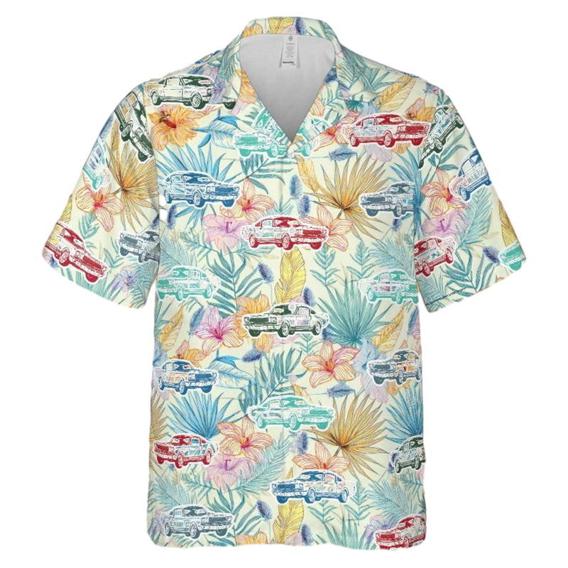 Carroll Shelby GT350 Hawaiian Shirt, Tropical Sunset Colors Floral Background, Matching Car Colors